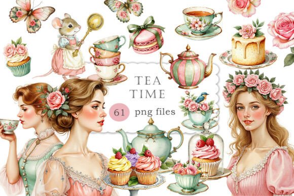 Download Shabby Tea Time Victorian Watercolor PNG - Victorian Collection